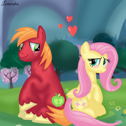 Size: 1400x1400 | Tagged: safe, artist:mlplary6, big macintosh, fluttershy, earth pony, pegasus, pony, g4, blushing, boyfriend and girlfriend, duo, female, heart, looking at each other, looking at someone, love, male, mare, mountain, ship:fluttermac, shipping, shy, sitting, smiling, smiling at each other, stallion, straight, tree