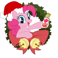 Size: 575x575 | Tagged: safe, artist:tiarawhy, pinkie pie, earth pony, pony, g4, christmas, christmas wreath, female, hat, hearthswarming heat, holiday, santa hat, simple background, solo, transparent background, wreath