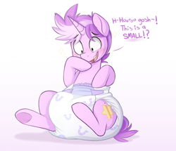 Size: 1560x1340 | Tagged: safe, artist:shuphle, oc, oc only, oc:starling, pony, unicorn, blushing, diaper, diaper fetish, fetish, frog (hoof), impossibly large diaper, non-baby in diaper, open mouth, open smile, poofy diaper, sitting, smiling, solo, underhoof