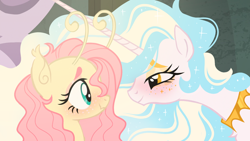 Size: 1280x720 | Tagged: safe, artist:peaceandlove26, edit, edited screencap, screencap, fluttershy, princess celestia, alicorn, flutter pony, pegasus, pony, g4, horse play, alternate design, antenna, antennae, cute, cute little fangs, cyan eyes, duo, ear fluff, ear tufts, eyeshadow, fangs, freckles, freckleshy, golden eyes, jewelry, lidded eyes, looking at each other, looking at someone, makeup, necklace, race swap, teal eyes