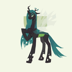 Size: 1280x1280 | Tagged: safe, artist:maggie0li, artist:overthemaginot, queen chrysalis, changeling, changeling queen, g4, concave belly, crown, female, hoof on chest, jewelry, long mane, looking at you, mare, regalia, simple background, slender, smiling, smirk, solo, standing, thin, transparent wings, white background, wings