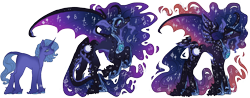 Size: 2218x872 | Tagged: safe, artist:kazmuun, nightmare moon, princess luna, pony, unicorn, g4, age progression, alternate design, concave belly, curved horn, height difference, horn, older, quadrupedal, simple background, slender, story included, tall, thin, transparent background, unshorn fetlocks