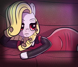 Size: 1024x878 | Tagged: safe, artist:undisputed, oc, oc only, oc:marigold gloriosa, earth pony, pony, fanfic:golden reign, clothes, couch, dress, earth pony oc, eyebrows, fanfic, fanfic art, female, frown, hoof on head, lidded eyes, lying down, mare, on side, solo