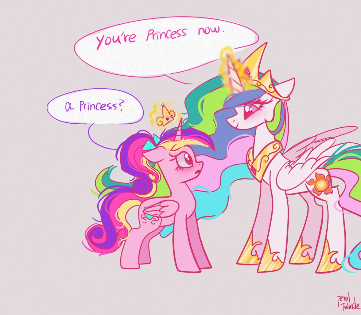 [alicorn,crown,dialogue,duo,female,filly,foal,jewelry,levitation,magic,mare,pony,princess cadance,princess celestia,safe,simple background,speech bubble,telekinesis,height difference,regalia,teen princess cadance,smiling,gray background,artist:petaltwinkle,physique difference]