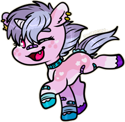 Size: 1222x1197 | Tagged: safe, artist:sexygoatgod, oc, oc only, pony, unicorn, adoptable, bandaid, bandaid on nose, chibi, coat markings, collar, colored eartips, colored eyebrows, colored hooves, dog collar, ear piercing, female, looking at you, mare, one eye closed, open mouth, open smile, pale belly, piercing, ponytail, simple background, smiling, smiling at you, socks (coat markings), solo, transparent background, unshorn fetlocks, wink, wristband