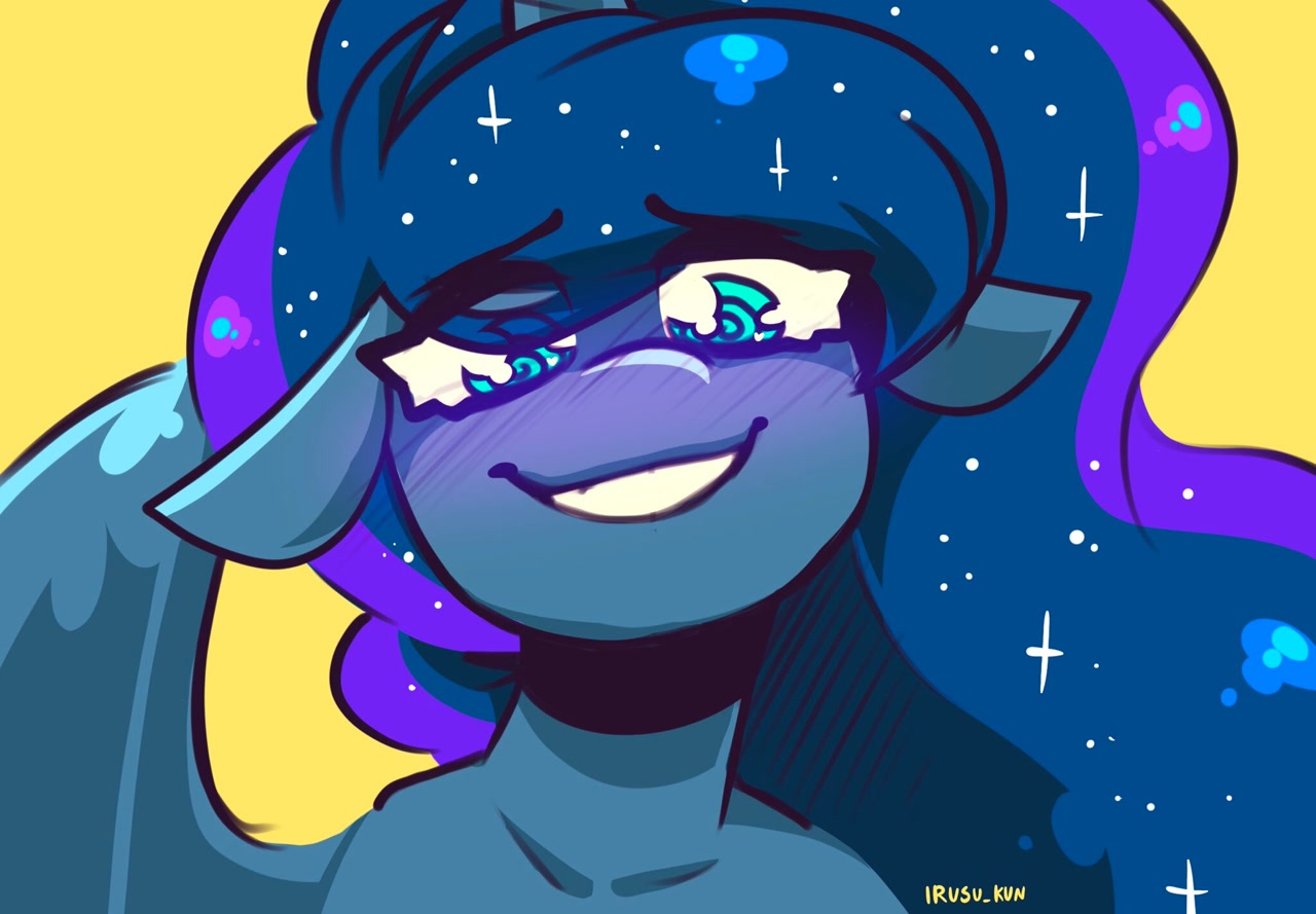 [alicorn,anthro,blushing,floppy ears,looking at you,princess luna,safe,simple background,solo,eye clipping through hair,smiling,smiling at you,yellow background,artist:lrusu]