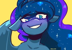 Size: 2048x1423 | Tagged: safe, artist:lrusu, princess luna, alicorn, anthro, g4, blushing, eye clipping through hair, floppy ears, looking at you, simple background, smiling, smiling at you, solo, yellow background