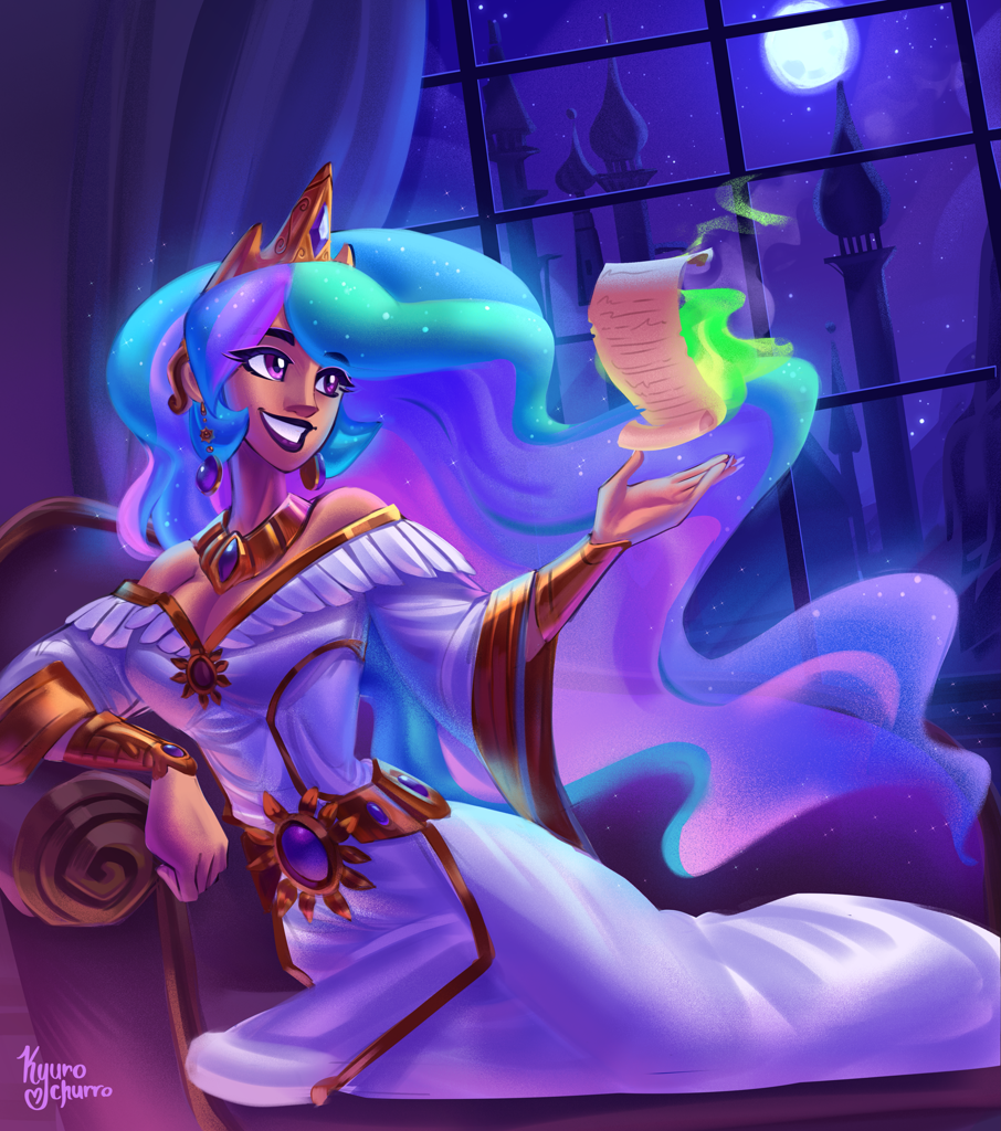 [breasts,cleavage,clothes,couch,dress,earring,female,grin,human,humanized,jewelry,moon,night,piercing,princess celestia,reclining,safe,scroll,signature,solo,full moon,ear piercing,off shoulder,absurd file size,tan skin,looking at something,smiling,absurd resolution,artist:kyurochurro]