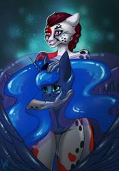 Size: 820x1180 | Tagged: safe, alternate version, artist:stirren, princess luna, fish, koi, anthro, g4, bodysuit, braid, clothes, commission, cosplay, costume, disembodied head, furry, latex, latex suit, lunasuit, one-piece swimsuit, pinup, ponysuit, pose, shiny, swimsuit, wings, ych result