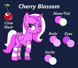 Size: 399x348 | Tagged: safe, oc, oc only, oc:cherry blossom, alicorn, pony, blue background, clothes, reference sheet, simple background, socks, solo, striped socks