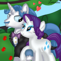 Size: 1400x1400 | Tagged: safe, artist:mlplary6, fancypants, rarity, pony, unicorn, g4, boyfriend and girlfriend, clothes, duo, female, flower, heart, holding hooves, looking at each other, looking at someone, male, mare, rose, ship:raripants, shipping, smiling, smiling at each other, stallion, straight