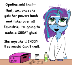 Size: 1850x1676 | Tagged: safe, artist:chopsticks, misty brightdawn, pony, unicorn, g5, bottle, cheek fluff, chest fluff, chipped tooth, clothes, curly mane, cute, dialogue, easybake oven, female, freckles, glue, goggles, implied opaline arcana, innocent, lab coat, looking up, mare, mistybetes, misunderstanding, oblivious, opabitch, painfully innocent, petri dish, popsicle sticks, science, should we tell her?, simple background, solo, stuttering, table, talking to viewer, text, the implications are horrible, this will end in death, this will end in tears, this will end in tears and/or death, unaware, unshorn fetlocks, white background, you sweet summer child