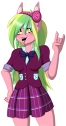Size: 1300x2459 | Tagged: safe, artist:melodytheartpony, lemon zest, anthro, equestria girls, g4, my little pony equestria girls: friendship games, blushing, clothes, commission, devil horn (gesture), eyeshadow, female, hand on hip, headphones, looking at you, makeup, multicolored hair, open mouth, pose, rolled up sleeves, shadowbolts school uniform, shirt, signature, simple background, skirt, smiling, solo, standing, tongue out, uniform, white background