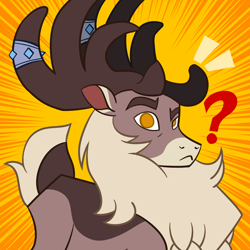 Size: 1300x1300 | Tagged: safe, artist:nonameorous, stronghoof hoofstrong (tfh), deer, reindeer, them's fightin' herds, antlers, buck, community related, eyebrows, frown, horn, horn ring, jewelry, looking at you, question mark, raised eyebrow, ring, simple background, solo, yellow background, yellow eyes