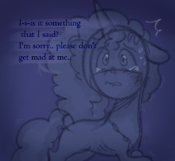 Size: 772x710 | Tagged: safe, anonymous artist, misty brightdawn, pony, unicorn, series:misty pov, g5, bruised, concave belly, cornrows, crying, ears back, emaciated, female, jewelry, lip bite, malnourished, mare, medallion, necklace, reaction image, ribs, scared, shaking, skinny, solo, sweat, talking, tears of fear, teary eyes, thin
