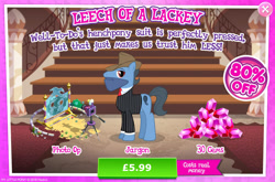 Size: 1960x1297 | Tagged: safe, gameloft, idw, jargon, earth pony, pony, g4, my little pony: magic princess, advertisement, bush, camera, clothes, costs real money, english, gem, hat, idw showified, introduction card, male, mobile game, necktie, numbers, sale, solo, stallion, suit, text