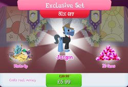 Size: 1264x858 | Tagged: safe, gameloft, idw, jargon, earth pony, pony, g4, my little pony: magic princess, bundle, bush, camera, clothes, costs real money, english, gem, hat, idw showified, male, mobile game, necktie, numbers, sale, solo, stallion, suit, text