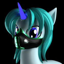 Size: 1200x1200 | Tagged: safe, alternate character, alternate version, artist:argos90, oc, oc only, pony, unicorn, 3d, 3d model, black background, bust, mask, portrait, simple background, solo