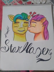 Size: 1560x2080 | Tagged: safe, artist:karina11494591, hitch trailblazer, sunny starscout, earth pony, pony, g5, duo, duo male and female, female, heart, kissing, male, mare, photo, ship:starblazer, shipping, signature, simple background, stallion, straight, traditional art, white background