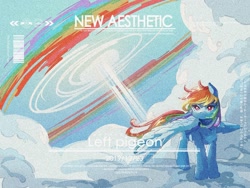 Size: 2160x1620 | Tagged: safe, artist:lendftcn, rainbow dash, pegasus, pony, g4, cloud, female, film grain, looking at you, mare, on a cloud, solo, sonic rainboom, standing on a cloud, text