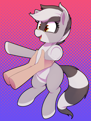 Size: 2100x2800 | Tagged: safe, artist:thebatfang, oc, oc only, oc:bandy cyoot, human, hybrid, pony, raccoon, raccoon pony, abstract background, cute, cute little fangs, fangs, female, gradient background, hand, heart, heart eyes, high res, holding a pony, male, ocbetes, open mouth, open smile, smiling, underhoof, wingding eyes