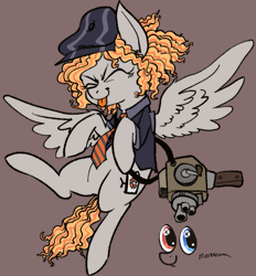 Size: 777x836 | Tagged: safe, oc, oc:horsetv, pegasus, pony, /mlp/ tf2 general, camera, clothes, cute, eyes closed, female, hat, heterochromia, jacket, mare, monitor, necktie, solo, sourcetv, spread wings, team fortress 2 logo, tongue out, wings