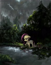 Size: 3220x4096 | Tagged: safe, artist:misstwipietwins, fluttershy, pegasus, pony, g4, female, floppy ears, forest, looking down, mare, sad, solo, tree, water