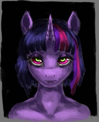 Size: 631x775 | Tagged: safe, artist:misstwipietwins, twilight sparkle, unicorn, anthro, g4, black background, bust, creepy, female, frame, green eyes, looking at you, simple background, solo