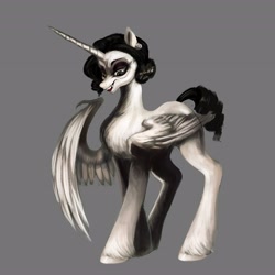 Size: 4096x4096 | Tagged: safe, artist:misstwipietwins, alicorn, pony, absurd resolution, alicorn oc, fangs, female, gray background, horn, lady dimitrescu, long horn, looking down, one wing out, open mouth, open smile, partially open wings, ponified, simple background, smiling, solo, unshorn fetlocks, wings