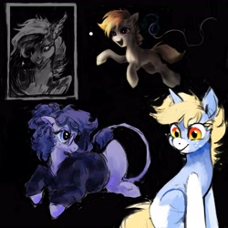 Size: 4096x4096 | Tagged: safe, artist:misstwipietwins, oc, oc only, oc:cookie malou, oc:nootaz, oc:vylet, earth pony, pegasus, pony, unicorn, black background, clothes, coat markings, ear piercing, earring, female, glasses, headphones, hoodie, jewelry, leonine tail, piercing, sharp teeth, simple background, tail, teeth