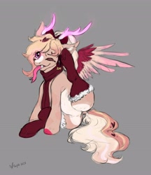 Size: 3531x4096 | Tagged: safe, artist:misstwipietwins, oc, oc only, original species, pony, antlers, behaving like a cat, butt, clothes, coat markings, colored wings, dock, ear scratch, fangs, female, forked tongue, glowing, glowing horn, gray background, horn, long tongue, multicolored wings, one eye closed, plot, scarf, simple background, socks, tail, tongue out, wings