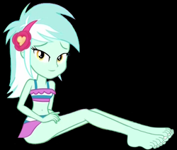 Size: 703x595 | Tagged: safe, artist:ewie2002, edit, edited edit, edited screencap, editor:lonely fanboy48, screencap, lyra heartstrings, human, equestria girls, g4, barefoot, black background, clothes, feet, fetish, foot fetish, foot focus, looking at you, lyra's beach shorts swimsuit, simple background, sitting, smiling, smiling at you, solo, swimsuit, toenails, toes