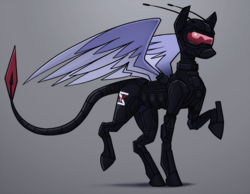 Size: 2579x2004 | Tagged: safe, artist:fenixdust, oc, oc:azure, pony, antenna, armor, armored pony, blade, bodysuit, character, clothes, female, full body, helmet, high res, intimidating, logo, mare, mercenary, military, military pony, science fiction, simple background, solo, suit, tail, visor, walking, wings, xenestra corporation