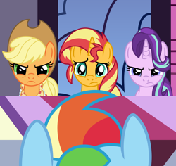 Size: 6012x5664 | Tagged: safe, artist:emeraldblast63, applejack, rainbow dash, starlight glimmer, sunset shimmer, earth pony, pegasus, pony, unicorn, comic:the tale of two sunsets, g4, clothes, female, granny smith's shawl, long description, mare, older, older applejack, scarf, show accurate, story included, tl;dr