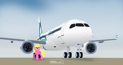 Size: 4096x2183 | Tagged: safe, artist:ponyrailartist, cherry berry, earth pony, pony, g4, airbus, airbus a220, delamare, jet engine, looking up, plane