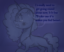 Size: 841x682 | Tagged: safe, anonymous artist, misty brightdawn, pony, unicorn, series:misty pov, g5, bruised, concave belly, cornrows, crying, dark background, dialogue, emaciated, female, jewelry, limited palette, malnourished, mare, medallion, necklace, raised hoof, ribs, shaking, side view, skinny, solo, teary eyes, thin