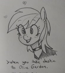 Size: 1806x2048 | Tagged: safe, artist:pony quarantine, rainbow dash, pegasus, pony, g4, bust, choker, female, floating heart, grayscale, grin, heart, mare, monochrome, pencil drawing, sketch, smiling, solo, text, traditional art