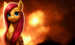 Size: 2560x1536 | Tagged: safe, ai assisted, ai content, artist:darbarri, derpibooru exclusive, generator:stable diffusion, fluttershy, pegasus, pony, g4, chest fluff, female, folded wings, looking at you, mare, smiling, solo, wallpaper, wings