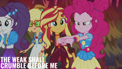 Size: 2000x1125 | Tagged: safe, edit, edited screencap, editor:quoterific, screencap, applejack, pinkie pie, rarity, sunset shimmer, human, equestria girls, equestria girls specials, g4, my little pony equestria girls: better together, my little pony equestria girls: sunset's backstage pass, music festival outfit