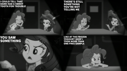Size: 2000x1125 | Tagged: safe, edit, edited screencap, editor:quoterific, screencap, pinkie pie, rarity, human, equestria girls, equestria girls series, g4, rarity investigates: the case of the bedazzled boot, black and white, detective rarity, frozen yogurt, grayscale, interrogation, monochrome, noir, rarity investigates (eqg): pinkie pie, spoon, spotlight, table