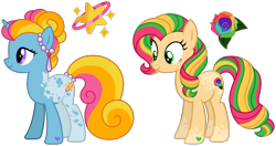Size: 1821x958 | Tagged: safe, artist:strawberry-spritz, oc, oc only, earth pony, pony, unicorn, g3, g4, base used, body markings, clothes, coat markings, dappled, female, g3 to g4, generation leap, hair bun, hoof heart, magical lesbian spawn, mare, offspring, parent:brights brightly, parent:fancy flora, parent:rainbow sunrise, parent:whistle wishes, simple background, socks, transparent background, underhoof