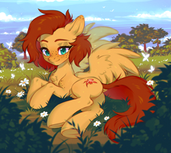 Size: 2222x1993 | Tagged: safe, artist:ls_skylight, oc, oc only, oc:yuris, pegasus, pony, art trade, butt, ears, female, flower, high res, lying down, on side, plot, smiling, solo, spread wings, trade, wings