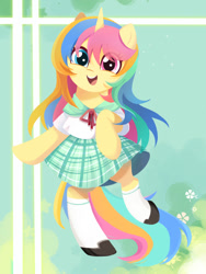 Size: 1500x2000 | Tagged: source needed, safe, artist:ely亚兔子, oc, oc only, oc:lemon, pony, unicorn, bipedal, clothes, happy, heterochromia, horn, smiling, solo, standing, standing on one leg, unicorn oc, uniform