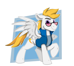 Size: 2491x2250 | Tagged: safe, artist:rutkotka, oc, oc only, oc:lightpoint, pegasus, pony, clothes, full body, glasses, high res, male, pegasus oc, raised hoof, simple background, smiling, solo, spread wings, stallion, wings