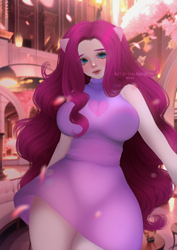 Size: 2894x4093 | Tagged: safe, artist:lynabyssartist, pinkie pie, human, g4, alternate hairstyle, breasts, busty pinkie pie, commission, eared humanization, high res, humanized, pinkamena diane pie, solo