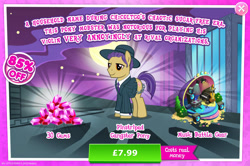 Size: 1956x1298 | Tagged: safe, gameloft, idw, bugsy mapone, earth pony, pony, g4, my little pony: magic princess, advertisement, bush, chains, clothes, costs real money, english, gangster, gem, hat, idw showified, introduction card, male, mobile game, musical instrument, necktie, numbers, piano, pinstripes, sale, solo, speaker, stallion, suit, text