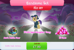 Size: 1268x861 | Tagged: safe, gameloft, idw, bugsy mapone, earth pony, pony, g4, my little pony: magic princess, bundle, bush, chains, clothes, costs real money, english, gangster, gem, hat, idw showified, male, mobile game, musical instrument, necktie, numbers, piano, pinstripes, sale, solo, speaker, stallion, suit, text