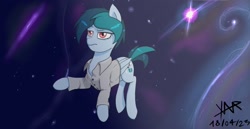 Size: 1920x993 | Tagged: safe, artist:anonixar, oc, oc:delta vee, pegasus, pony, button-up shirt, clothes, complex background, female, galaxy, shirt, solo, space, stars