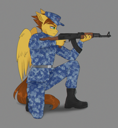 Size: 1900x2056 | Tagged: safe, artist:serodart, oc, oc:desert snake, pegasus, anthro, ak-47, assault rifle, brown hair, camouflage, clothes, green eyes, gun, male, military, military uniform, rifle, sketch, soldier, solo, uniform, uniform hat, weapon