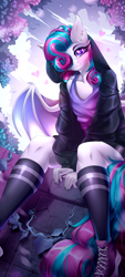 Size: 2250x5000 | Tagged: safe, artist:rico_chan, oc, oc only, oc:sweetie swirl, bat pony, anthro, clothes, cloud, equine, ivy (plant), leaves, male, not flurry heart, purple background, shirt, shoes, simple background, sleeveless, sleeveless shirt, sneakers, solo, stockings, sunset, sweatshirt, thigh highs